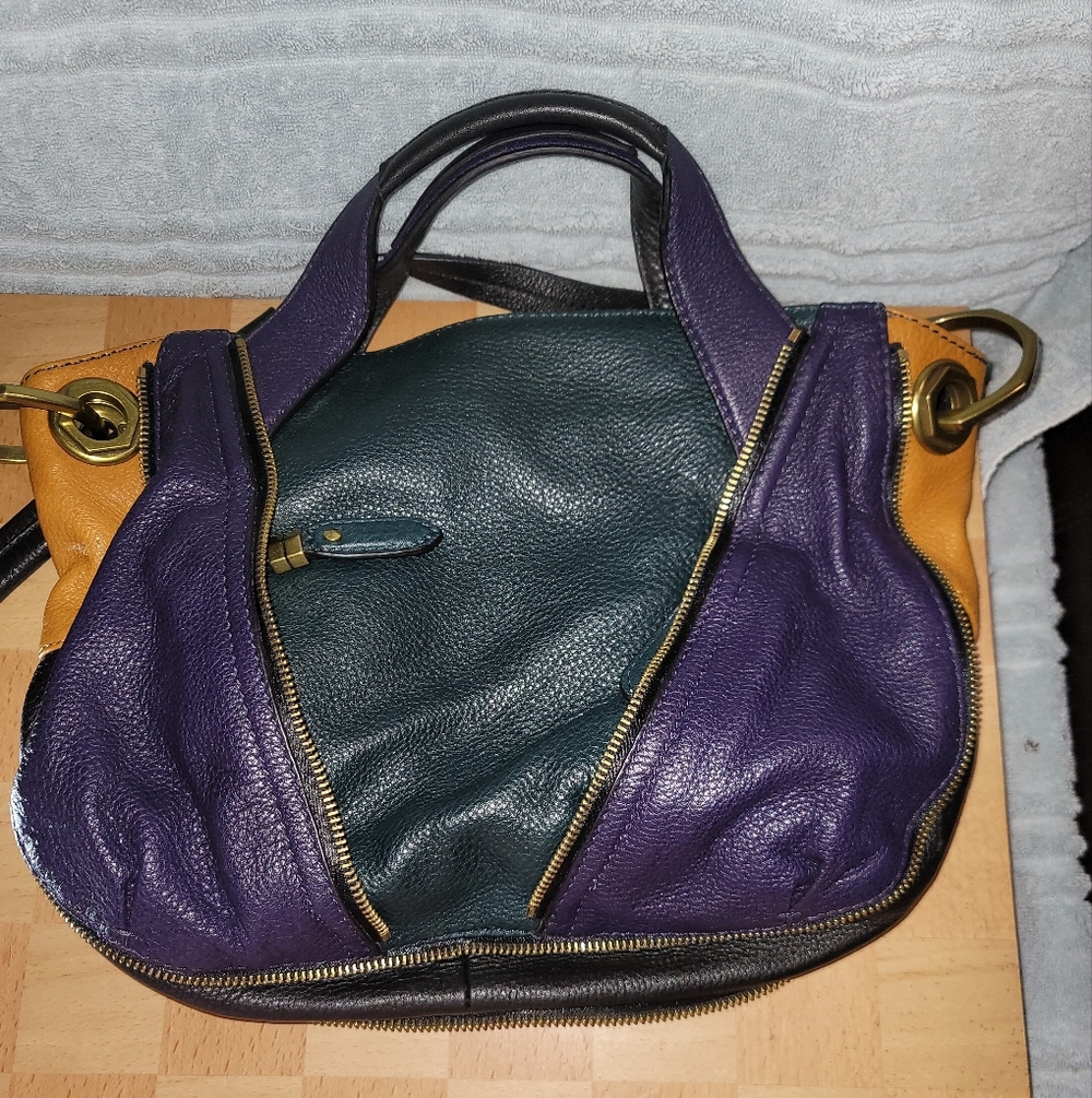 Purple, Teal & Mustard Leather Tote Bag